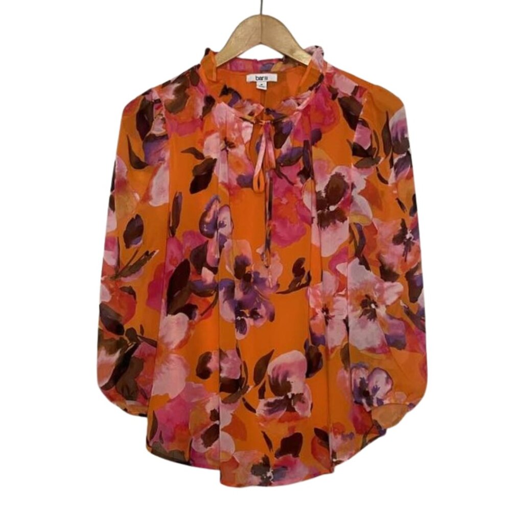 Bar III Vibrant Orange Floral Boho Tie Neck Peasant Blouse Size Medium - Picture 5 of 13